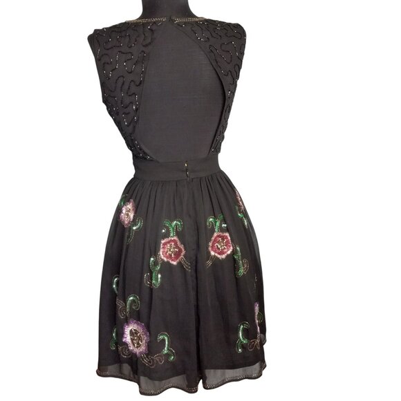 ASOS Size 2 Petite Dress Little Black Embroidered Sleeveless Floral Sequin Beads - Picture 5 of 10